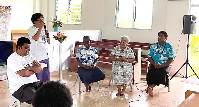 Mereaia Volavola speaking at the two day Inaugural Sustainable Livelihood Symposium at Uruone Village in Vanuabalavu, Lau.