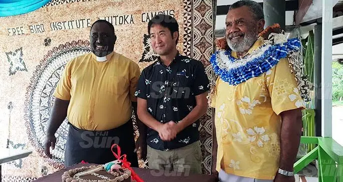 From left: Methodist Church Pastor Josaia Bose, Free Bird Institute Limited chief executive officer, Hiroshi aniguchi with the Ba Provincial Free Bird Institute school administrator and also the acting-chairperson for the Ba Provincial Council, Meli Tora after the official opening of the Ninja Noodles Restaurant in Lautoka on February 18, 2021. Photos: Nicolette Chambers