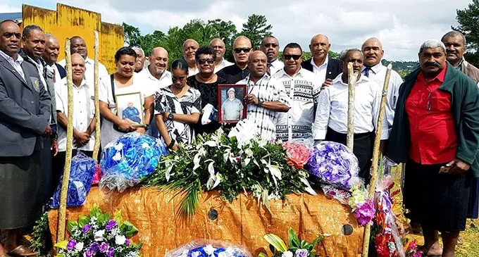 Mereoni Sadria (middle) wife of the late Sekove Sadria with his former Suva rugby team-mates at the Nasinu Cemetery on July 30, 2020.  
