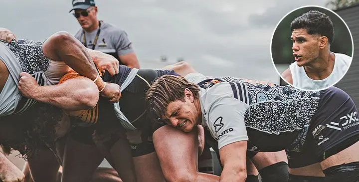 Brumbies forwards work their scrum ahead of their Round 5 Super Rugby Pacific match against the Fijian Drua. Inset: Brumbies fly-half Noah Loleasio. Photo: Brumbies