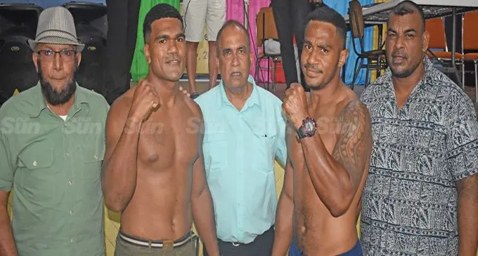 From left: Boxing Commission of Fiji director (West) Usman Lale Ali, Esira Natotomu, South Pacific Boxing Promotions director Mohammed Shameem, Fiji cruiserweight champion Alivereti Kauyaca, promoter Fred Chand during the official weigh in at the Nadi Civic Centre on October 14, 2022. Photos: Waisea Nasokia