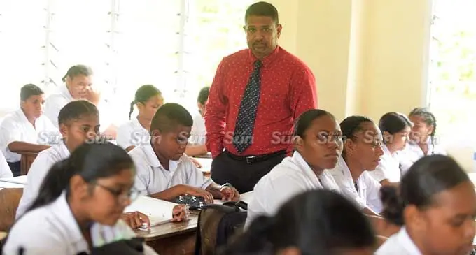 Nakasi High School principal Praveen Chand with Year 9 students during first day of school on January 30, 2024. Photo: Ronald Kumar