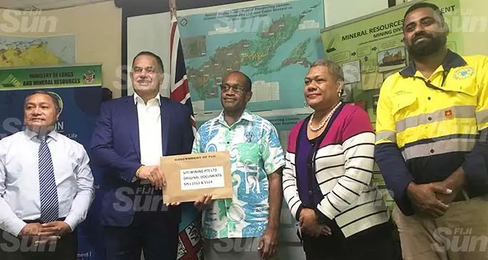 From left. Viti Minng consultant, Tausia Kereto, with executive chairman John Sanday, Minister for Lands and Mineral Resources, Jone Usamate, Permanent Secretary for Lands and Mineral Resources, Raijeli Taga and acting director for Mineral Resources Department, Raymond Mohammed, in Suva on March 5, 2021. Photo: Frederica Elbourne