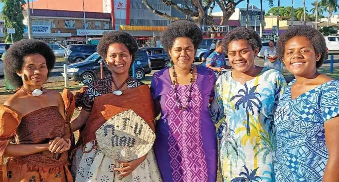 From left: The Buiniga competition contestants Adi Losana Leba, Adi Asenaca Nai Nava, Meresiana Vatavesi, Milika Kubukawa and Milika Kubukawa during the Siga Kei Ba at the Churchill Park carnival grounds in Lautoka on July 26,2024. Photo: Salote Qalubau