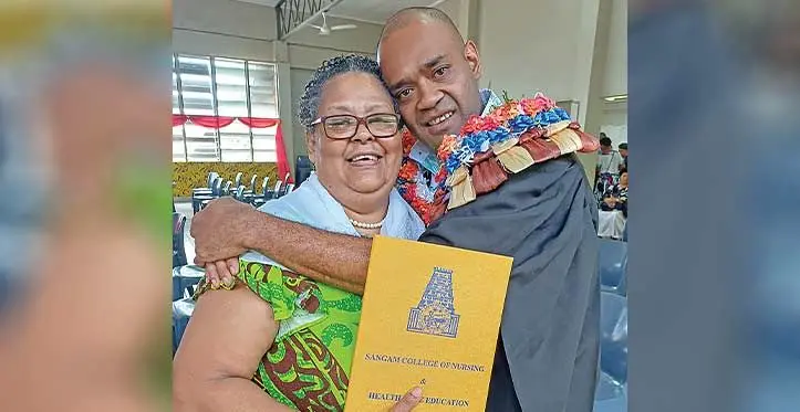 Peni Raiwalui with his mother, Lavenia Raiwalui during the Sangam Institute of Technology College of Nursing and Health Care Education graduation at Civic Centre in Labasa on July 28, 2023. Photo: Shratika Naidu