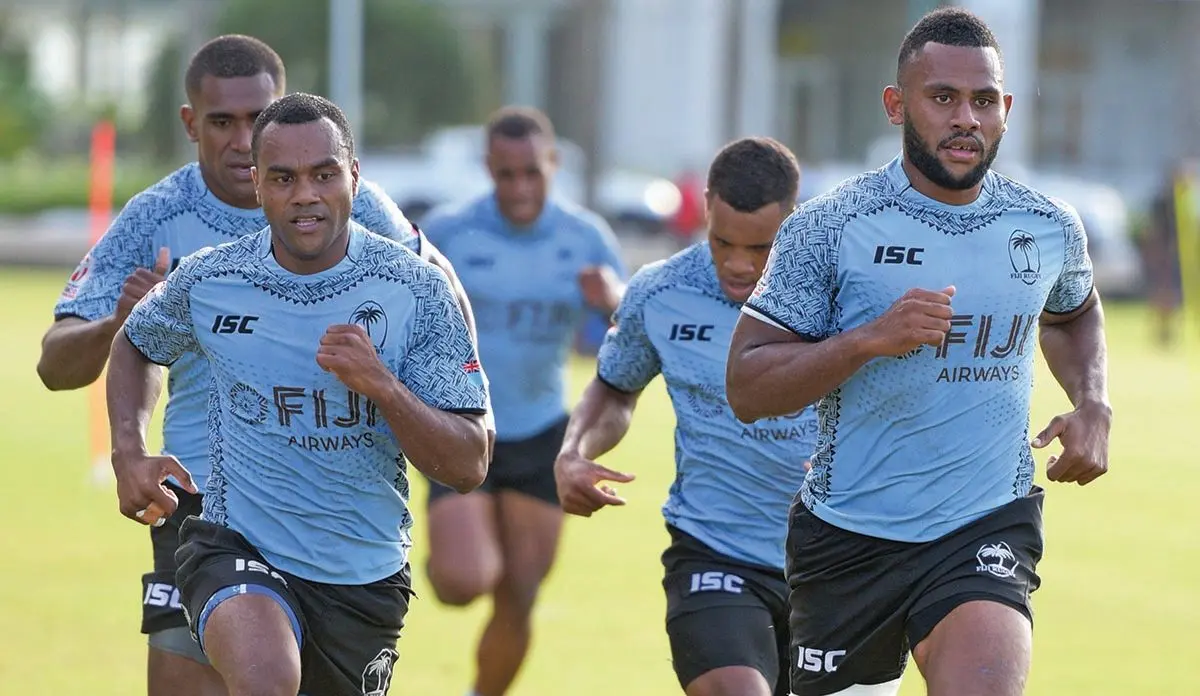 Fiji Airways Fijian 7s reps (front from left) Alasio Naduva and Vilimoni Botitu during training on May 8, 2019, at Suva’s Albert Park. Photo: Ronald Kumar