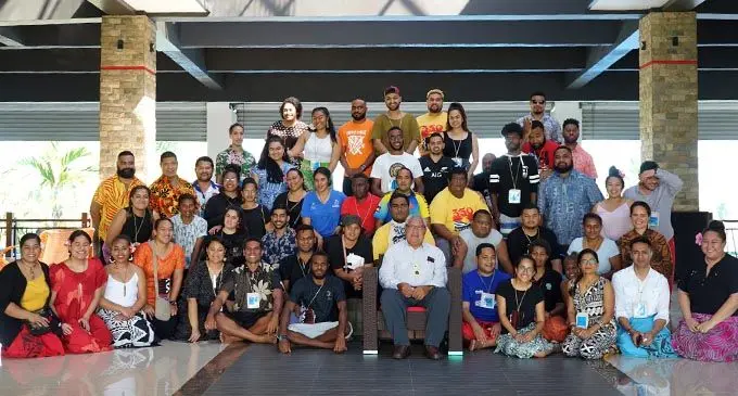 Pacific climate Warriors from the around the region including Australia, New Zealand and United States America with Titular Head of Tokelau Faipule Elehi  Kelehiano Kalolo (front- middle) at the first inaugural Pacific Pawa Shift at Nasau Resort in Nadi. Photo: 350 Pacific