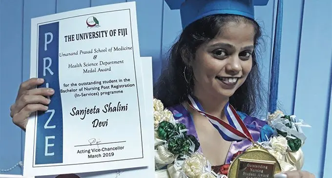 Sanjeeta Shalini Devi with her Gold Medal on March 30, 2019. Photo: Wati Talebula