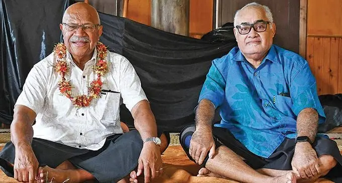 Prime Minister Sitiveni Rabuka with Paramount Chief of Bau and head of the Kubuna Confederacy, Na Turaga Bale na Tui Kaba, and Vunivalu Ratu Epenisa Cakobau on Bau Island on December 31, 2022.   Photo: DEPTFO