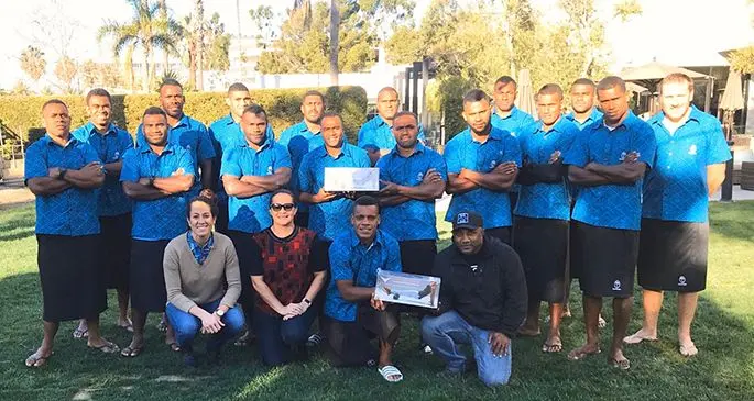 Fiji Airways Fijian 7s team with Southbay Davui officials in Los Angeles, USA on February 27, 2020. Back (left-right) Naca Cawanibuka (strength and conditioning coach), Kavekini Tabu, Meli Derenalagi (captain), Kalioni Nasoko, Josua Vakurinabili, Sevuloni Mocenacagi, Apenisa Cakabalavu, Brad Harris (assistant coach). Middle (left-right) Livai Ikanikoda, Jerry Tuwai, Asaeli Tuivuaka, Alasio Naduva, Waisea Nacuqu, Vilimoni Botitu, Suliano Volivoli, Aminiasi Tuimaba. Front: SBD officials and Napolioni Bolaca (third from left). Photo: Southbay Davui