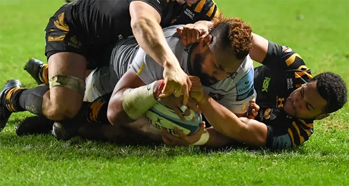 Taqele Naiyaravoro scores the winning try for Northampton Saints against the Wasps at the Ricoh Arena in Coventry, England on January 6, 2020. Photo: Northampton Saints
