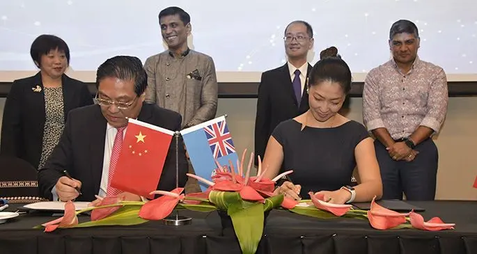 Front sitting (from left): Chinatex Corporation Vice-President Li Lingmin with Byron Investment Limited director Fang Fang Jamnadas. From (back left): Embassy of the People’s Republic of China in Fiji Economic and Commercial counselor Li Zhi, Ministry of Industry, Trade and Tourism Permanent Secretary Shaheen Ali, Ministry of Commerce of the People’s Republic of China and Embassy of Peoples Republic of China Deputy Director General Zhang Li, Fiji Commerce and Employers Federation president Sandeep Chauhan during the Fiji-China Trade Promotion Symposium at the Grand Pacific Hotel in Suva on October 24, 2019. Photo: DEPTFO