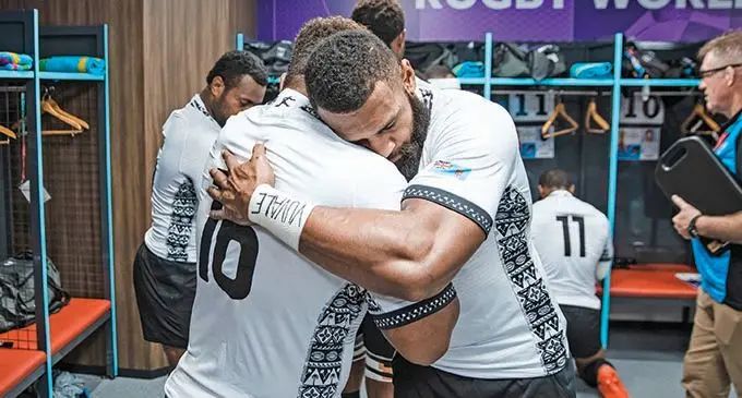  Fiji Airways Flying Fijians inside centre Waisea Nayacalevu and replacement prop Veremalua Vugakoto moments before they ran onto the field at the Hanazono Rugby Stadium on October 3, 2019, to face Georgia.  Photo: Bruce Southwick/ZoomFiji