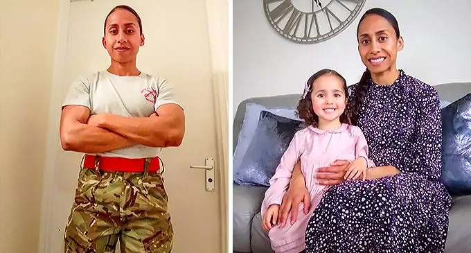 Cakacaka Divinigauna Tuilovoni in her Physical Training Instructor uniform and with her three-year-old aughter, Eilidh Asher at their home.