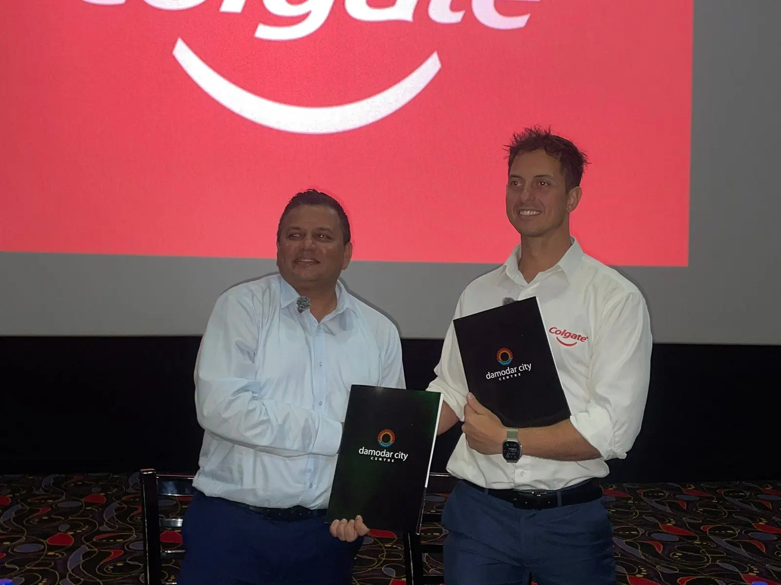 From left, Damodar Group Chief Executive, Div Damodar, Colgate Palmolive General Manager Adrian Romanin, during the signing of the three-year partnership with Damodar City Suva and Labasa on November 6, 2025. 
