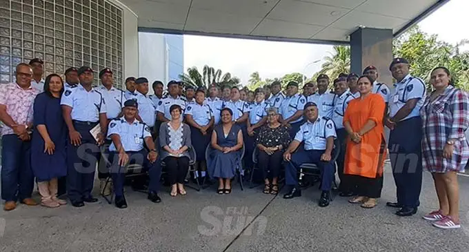 Sitting second from left: UNWomen Fiji rep Abby Erikson, Minister for Women Mereseini Vuniwaqa, Fiji Womens’ Crisis Centre coordinator Shamima Ali with the police officers from the Southern Division Command at the closing of the FWCC Police training. Photo: Shalveen Chand