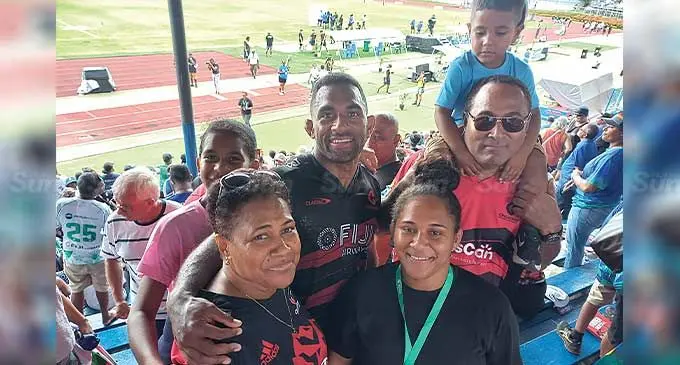 Sevu Reece pictured with his dad, William, mother Amelia, sister Esther (front), nephew William and a supporter (back) after the game at Churchill Park, Lautoka, on March 9, 2024. Photo: Charles Chambers
