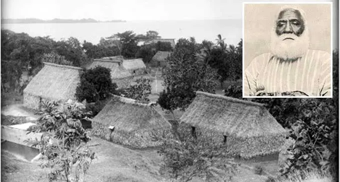 Na koro o Lasakau ena gauna e liu. E ciri toka vakayawa na yanuyanu o Viwa. Inset:  O Ratu Cakobau, na Tui Viti.