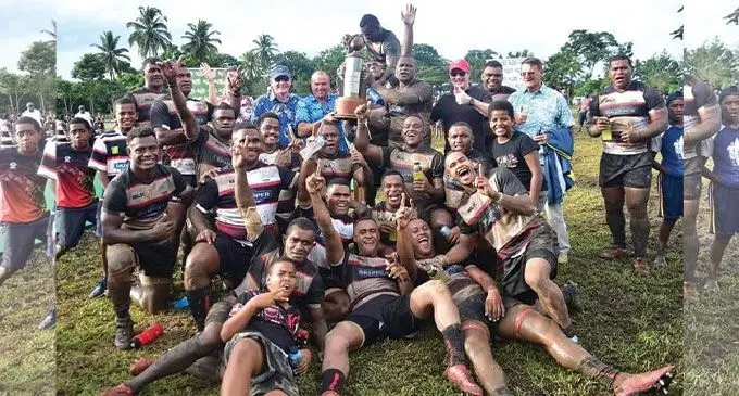 Naitasiri Rugby team with the INKK Fiji Rugby Farebrother- Trophy in Naluwai.  Photo: Supplied