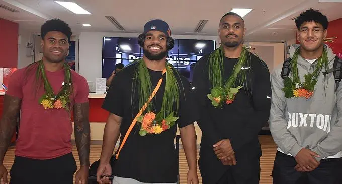 From left: Vodafone Fiji Bati reps Kevin Naiqama, Sunia Turuva, Sitiveni Moceidreke, and Joshua Wong at the Nadi International Airport on November 14, 2022. Photo: Waisea Nasokia