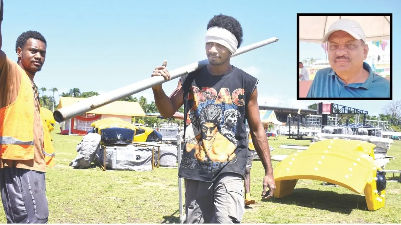 Preparation is underway at the Albert Park in Suva on August 27, 2026. (Inset) Vendor Surendra Kumar.