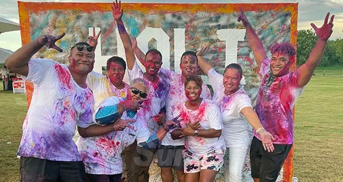 Market Director of Sales – Fiji and Samoa,Marriott International, Javed Shameem (fourth from right) with staff members of Fiji Marriott Resort Momi Bay during the Holi Festival at the Fiji Marriott Resort Momi Bay on March 27, 2021.