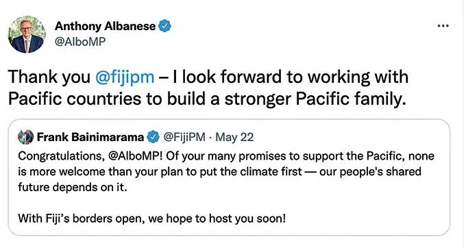 New Australian Prime Minister Anthony Albanese’s reply to Fijian Prime Minister Voreqe Bainimarama on Twitter.