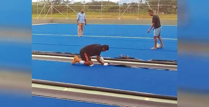 The new all-weather turf being installed at the Fiji Football Association Labasa academy. Photo: Sampras Anand