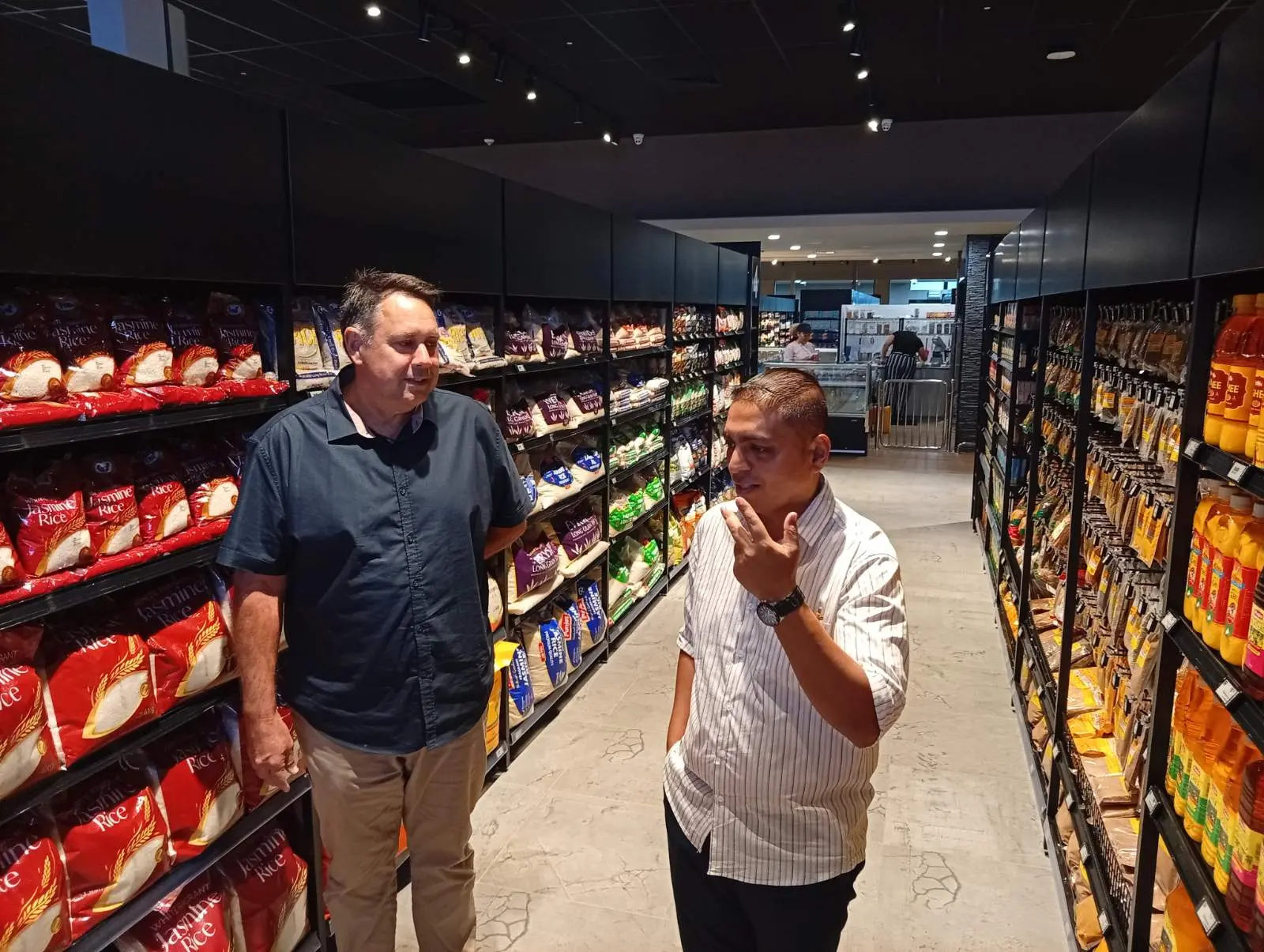 Food Villa managing director Marc McElrath with Nadi Chamber of Commerce and Industry president Lawrence Kumar during the soft opening of the Food Villa supermarket in Nadi. Photo: Shalendra Prasad/0 NADI KO 