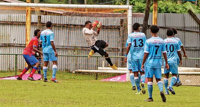 Tailevu/Naitasiri goalkeeper Jason Rokovucake makes a save against Navua during their Digicel Premier League match at Ratu Cakobau Park, Nausori, on July 24, 2022. Photo: Leon Lord