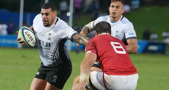 Fiji Airways Flying Fijians first-five eight Josh Matavesi (with ball) on attack against Canada while Jale Vatubua comes in for support during the Pacific Nations Cup match on August 3, 2019, at Suva’s ANZ Stadium. Fiji won 38-13.  Photo: Ronald Kumar