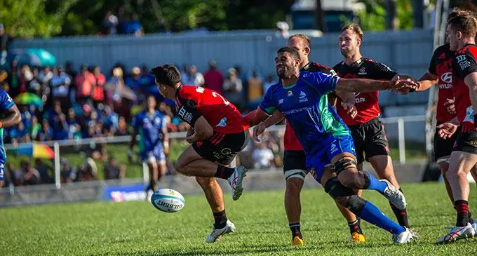 Swire Shipping Fijian Drua flanker Meli Derenalagi pressures Taha Kemara of Crusaders as he knocks the ball forward in their Shop N Save Super Rugby Pacific clash at Churchill Park, Lautoka, on March 11, 2023. Photo: Leon Lord