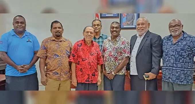 From left: Pacific Polytech finance staff Isoa Tamani, deputy director Satya Shandil, Labasa Town Council special administrator chair Paul Jaduram, Pacific Polytech Labasa campus coordinator Subrail Goundar, Pacific Polytech director Peni Taoi, Pacific Polytech council chair Ganesh Chand and Pacific Polytech horticulturist Saga Pillay (back), in Labasa on March 14, 2024. Photo: Shratika Naidu