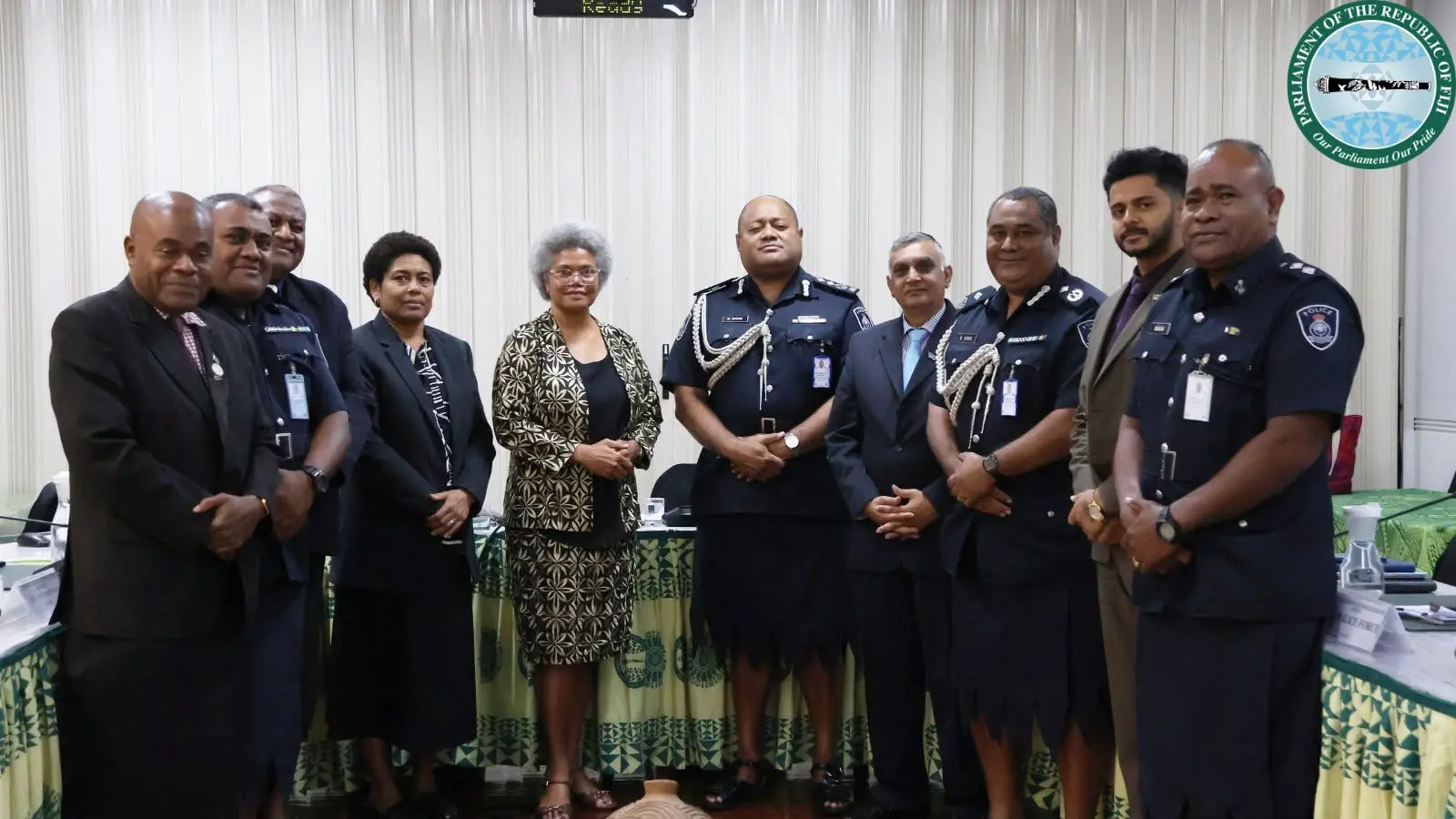 Members of the Standing Committee on Foreign Affairs and Defence as well as representatives of the Fiji Police Force after their submission of the FPF 2021-2022 Annual Report. 
