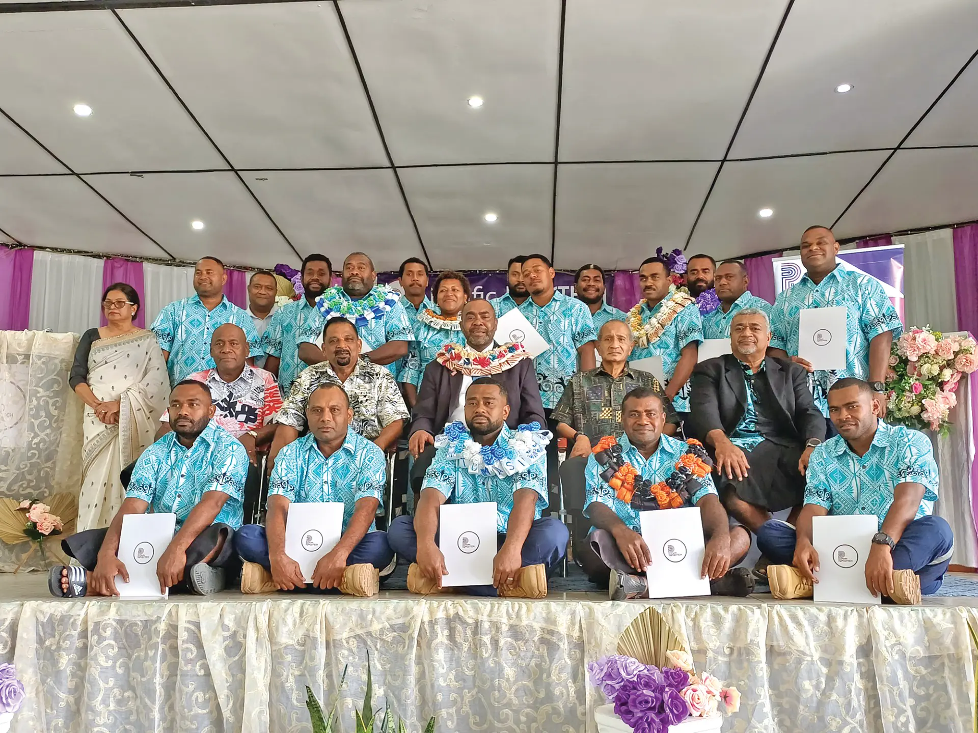 Minister for Rural and Maritime Development and Disaster Management Mosese Bulitavu third from left (second row) with graduates and staff of Pacific Polytech at the Civic Centre in Labasa on June 4, 2026.