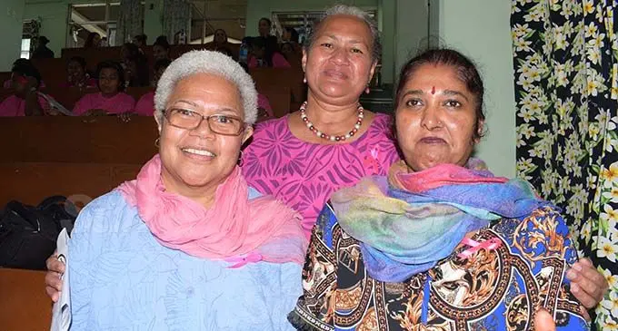 Cancer survivors (from left) Jimaima Cakau, Asena Senimoli and Juleshmi Lata during the Ministry of Health Pinktober launch at the CWM hospital on October 2, 2020. Photo: Ronald Kumar