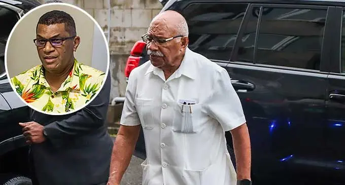 Prime Minister Sitiveni Rabuka outside the Office of the Prime Minister on January 21, 2024. Photo: Beranadeta Nagatalevu/ Inset: Sacked Minister for Education Aseri Radrodro. Photo: Josua Buredua