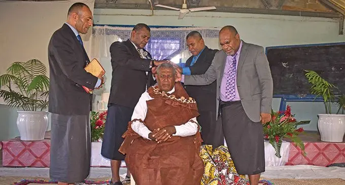 Turaga ni Yavusa Joape Nabure is blessed by pastors at the Drauniivi Seventh-day Adventist Church in Ra on May 19, 2022.  Photo: Waisea Nasokia