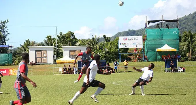 Action from the Team Fiji vs New Caledonia match at the Pacific Games in Apia, Samoa on July 12, 2019. Photo: Anasilini Natoga