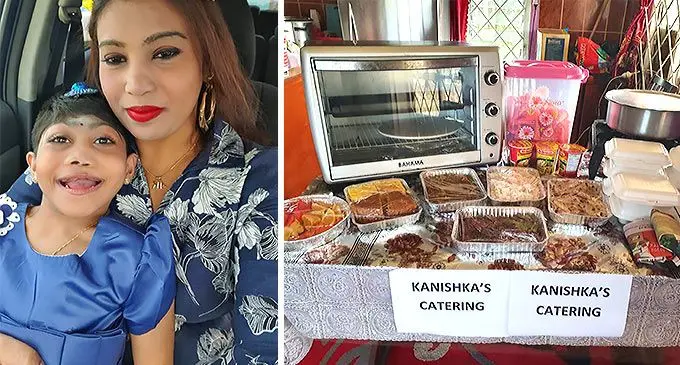 Left: Kartika Raman and her eight-year-old daughter, Kanshika and Kartika Raman operates her small catering business for her daughter.