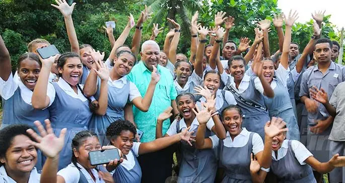 Prime Minister Voreqe Bainimarama with the boarders of Levuka Public School after the commissioning of the new Levuka Public School Boys Hostel on July 14, 2020. Photo: Kelera Sovasiga