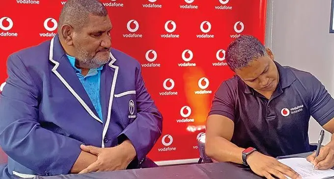 Fiji Rugby Union chief executive officer John O’Connor (eft) and Vodafone Fiji chief marketing officer Rajnesh Prasad during the signing of the sponsorship agreement at the Vodafone headquarters in Tamavua, Suva, on June 23, 2022. Photo: Sereana Salalo.