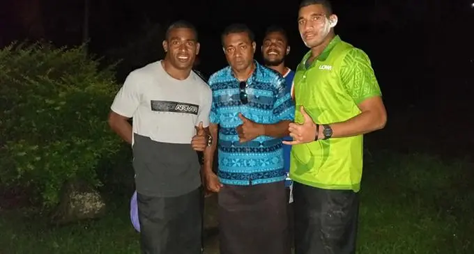 Fiji Airways Fijian 7s Aminiasi Tuimaba (left) and Meli Derenalagi (right( at Navuniivi Village in Nakorotubu in Ra. Photo: Wame Macedru