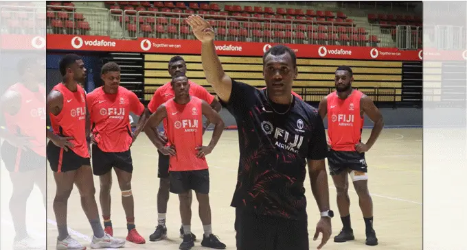 Fiji Airways Fiji men’s rugby sevens head coach Osea Kolinisau stresses a point to the players during training at the FMF Gymnasium in Suva on March 14, 2024. Photo: FRU Media  