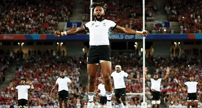 Flying Fijians captain Waisea Nayacalevu leads the iCibi(traditional war dance) at the Stade Bordeaux in France. Photo: RWC 2023 