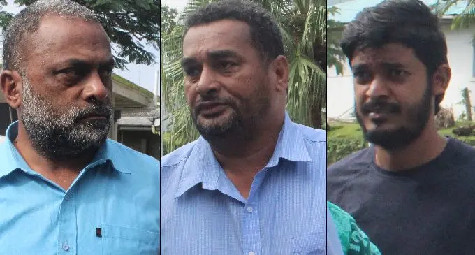 From left: Peni Bale, Adriu Peni Volavola and Prashnil Singh outside the Magistrates Court on July 29, 2019.  Photo: Simione Haravanua