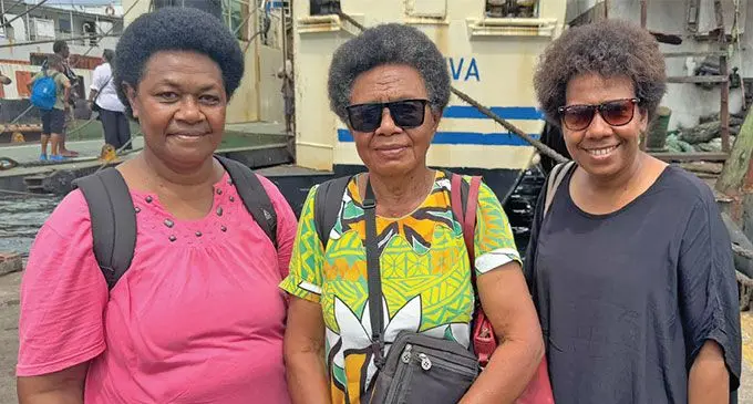 From left: Manaini Rokowasa (sister-in-law) and Akosita Waqa (daughter in black) dropped off Selai Biu, 70, (middle) at Port Mua-i-Walu in Walu Bay, Suva. Photo: Asenaca Ratu 