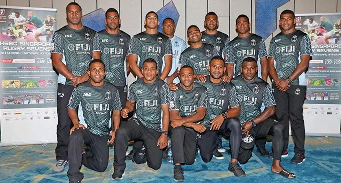 OUR MEN IN SINGAPORE ... Fiji Airways Fijian 7s players: Back (left- right) Josua Vakurinabili, Isoa Tabu, Meli Derenalagi, Paula Dranisinukula (captain), Jerry Tuwai, Sevuloni Mocenacagi, Aminiasi Tuimaba, Apenisa Cakaubalavu. Front left: Terio Tamani, Napolioni Ratu, Alasio Naduva, Vilimoni Botitu, Asaeli Tuivoka at the Pan Pacific Hotel, Singapore City, on April 9, 2019. Photo: Singapore Rugby