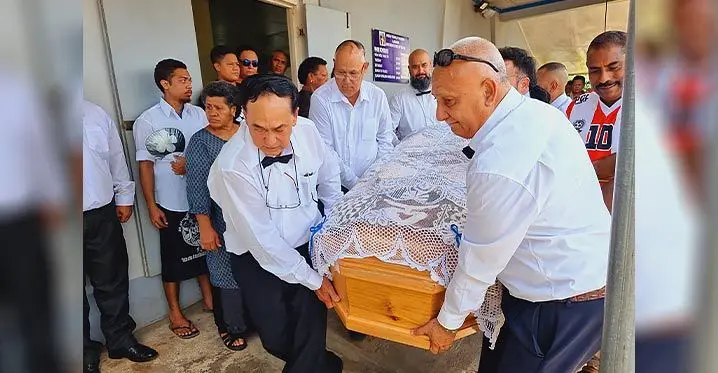 Front (left-right) Maxie Zoing, Simon Zoing and Rexie Zoing (back) carry the coffin of their older brother Jimmy Zoing after his Resurrection Mass at the Holy Family Parish in Labasa on February 2, 2023. The Zoing brothers represented Labasa and the national football team during their prime. Photo: Sampras Anand
