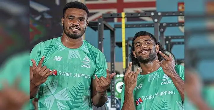 Swire Shipping Fijian Drua reps Iosefo Masi and Simione Kuruvoli in Nadi on April 10, 2023. Photo: Fijian Drua